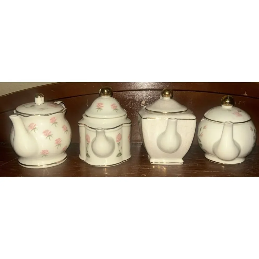 Partylite Floral Teapot Set x 4 Miniatures Tealight Candle Holders - Picture 2 of 7